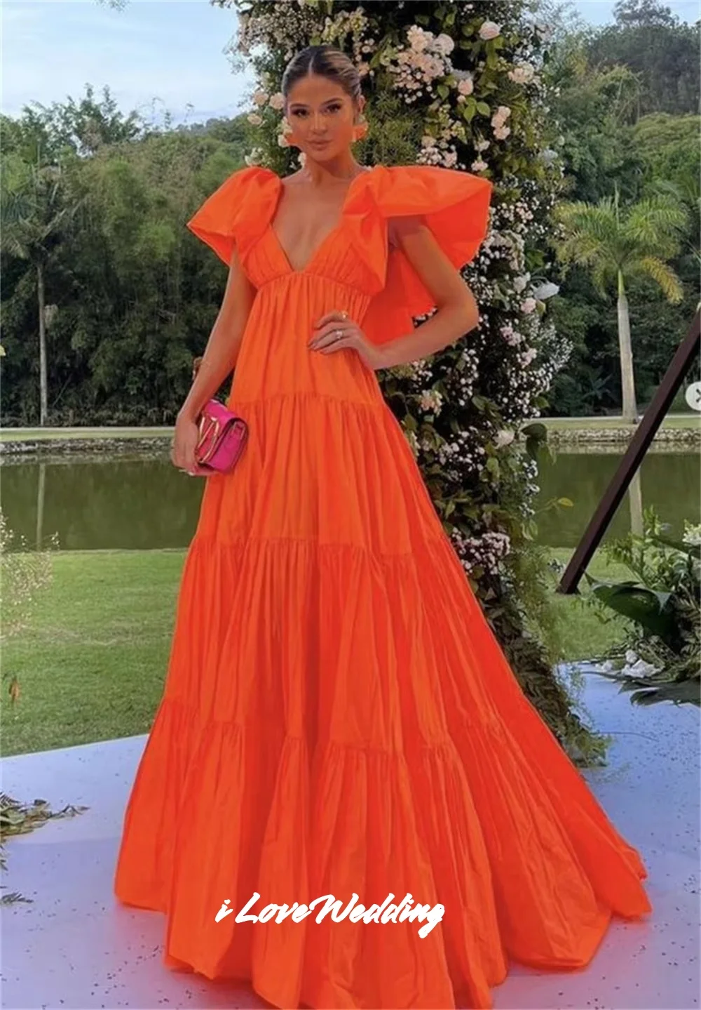 

Orange V-Neck Evening Dresses 2025 Cap Sleeves A-Line Floor-Length Ruffle Sweep Train Pleated Wed Ding Party Dresses Customized
