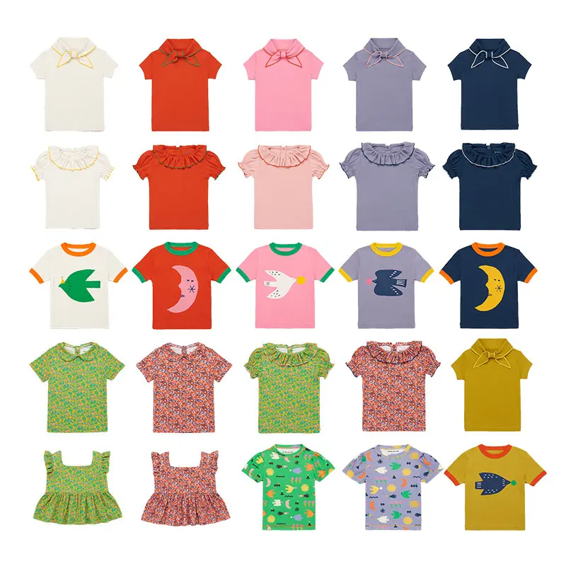 

Kids Girls T-shirt 2024 Summer MP New Baby Girl Clothes Floral Top Tee Shorts Kids Clothings Print Bow Short-sleeved Shirt Tops