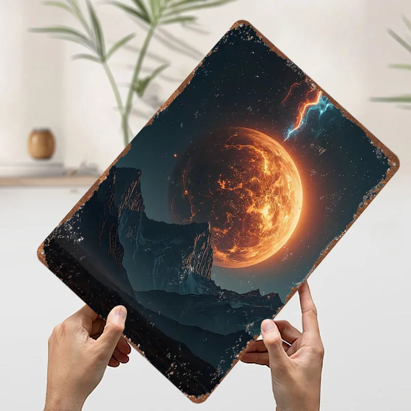 كوكب ناري فوق نطاق الجبال ملصق معدني علامات القصدير ديكور مكتب علامة معدنية مخصصة لملحقات شريط الديكور الفني الجداري