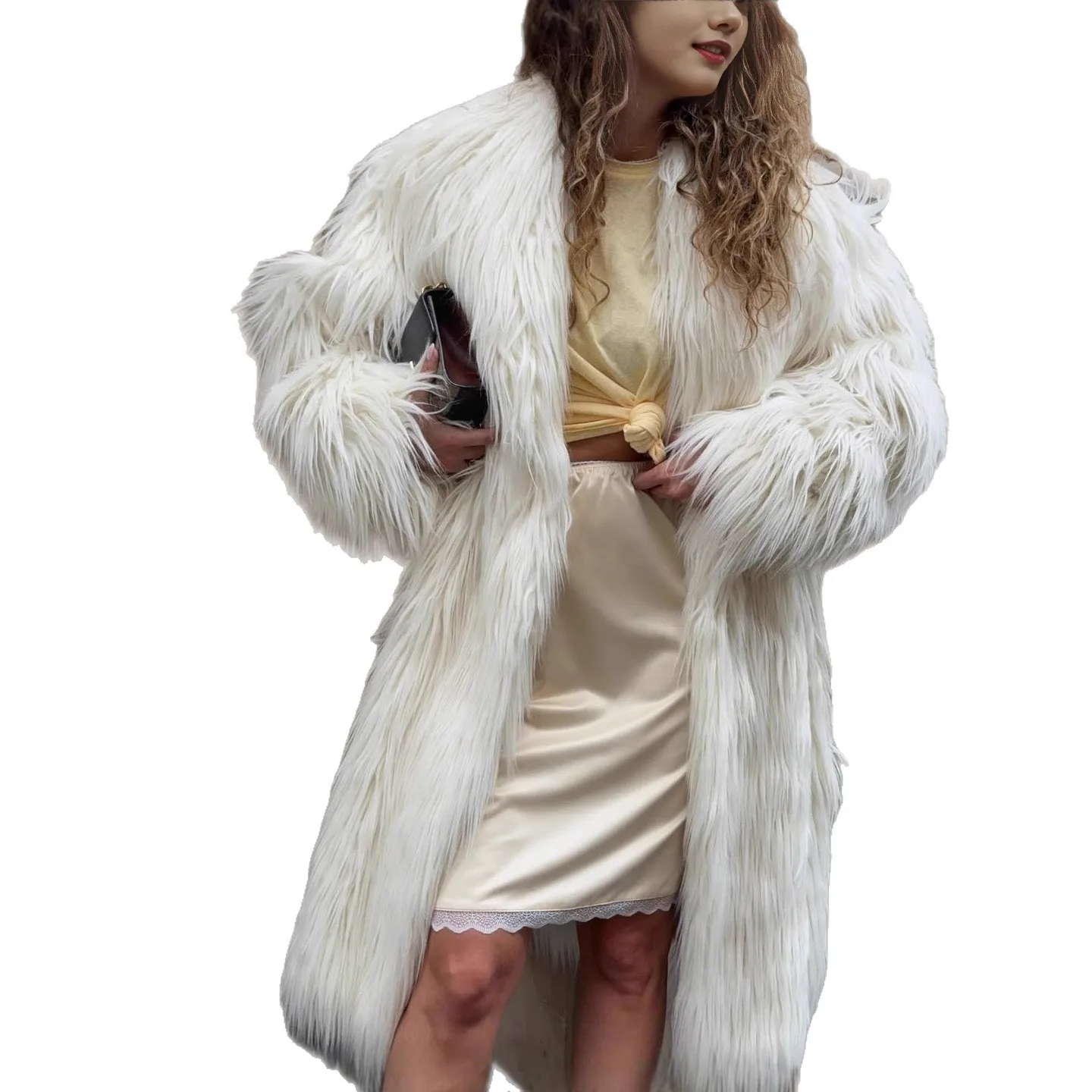 2025 New White Long Hair Faux Fur Lapel Long Coat Women Eco Friendly Artificial Plush Long Length Jacket​