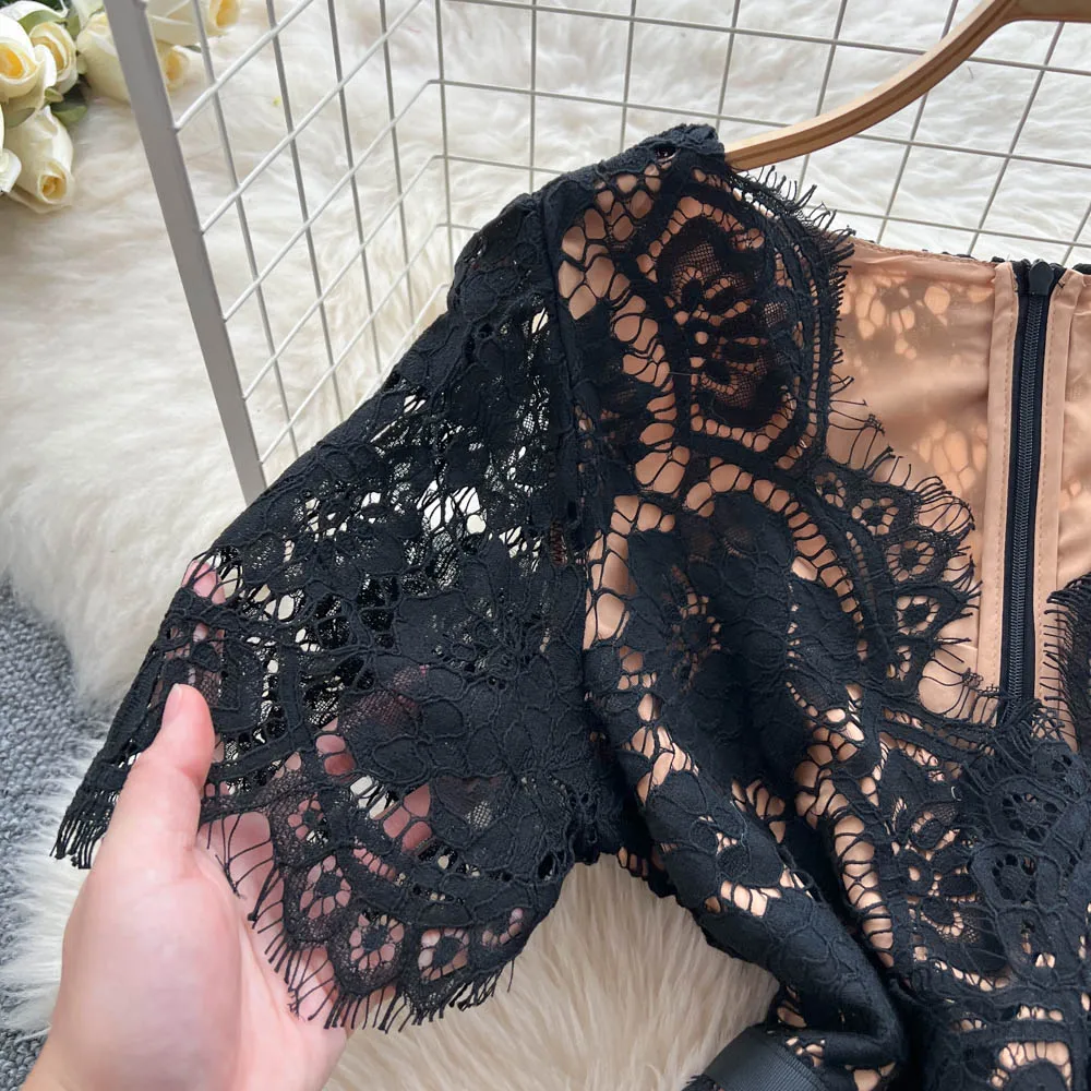 Chic vintage V-neck short sleeve dress Elegant Fairy korean fashion autumn Party women clothing