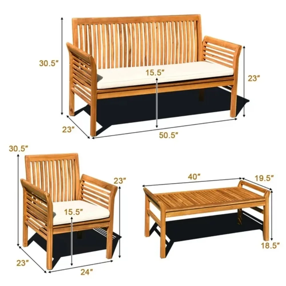 Balcony Furniture 4 PCS Outdoor Acacia Wood Sofa Furniture Set Cushioned Chair Coffee Table Garden Complete Garden Salon Sets