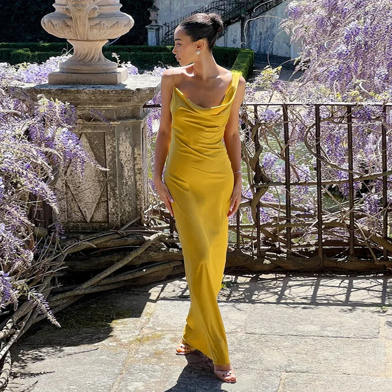 

25237 Spaghetti Strap Sexy Backless Satin Gown Long Dress Ins Style Elegant Evening Dress 2025 Summer Dress Robe Vestido Women