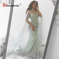 Luxury Mermaid Evening Dress Cape Sleeves 2024 for Women Elegant Pearls High Neck Long Formal Prom Wedding Party Gown Customized