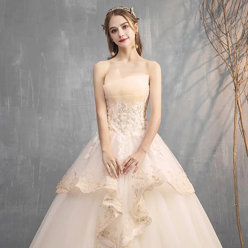 Champagne Strapless Temperamental Wedding Dress Classic Royal Luxury Vestidos Novias Boda Organza Wedding Dresses