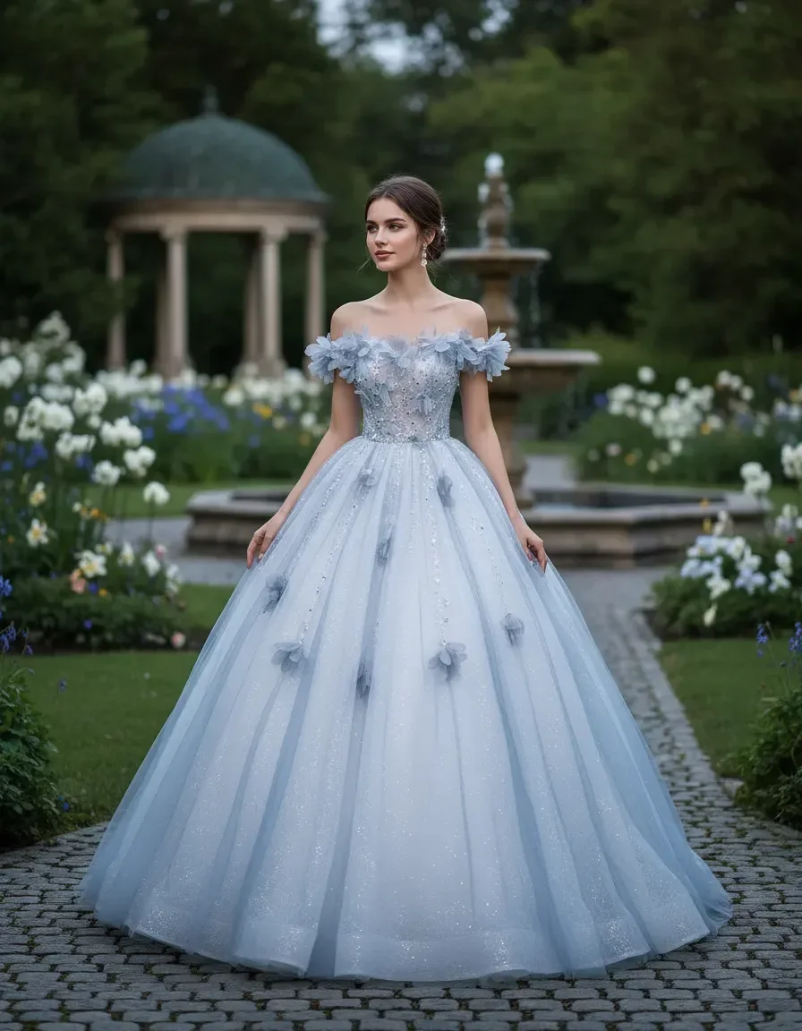 Light Blue Off Shoulder 3D Floral Glitter Tulle Ball Gown for Quinceanera, Birthday, Graduation & Evening Party