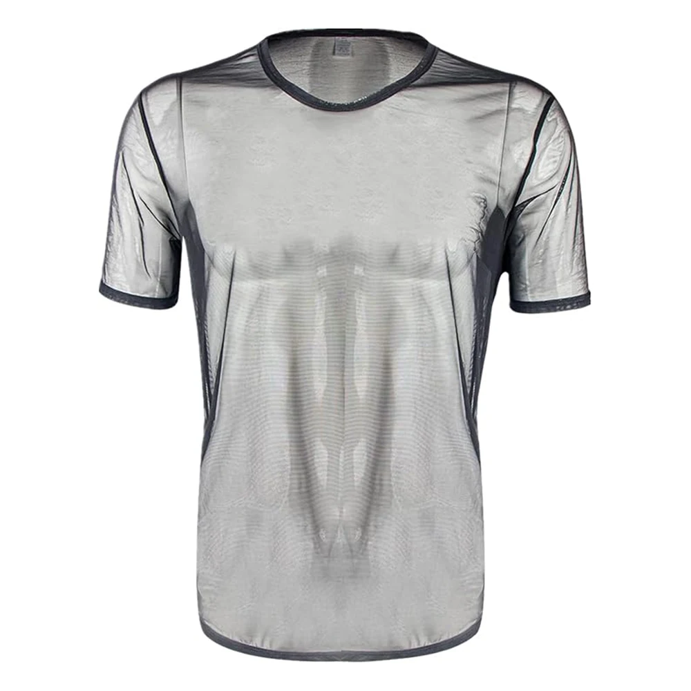 ZONBAILON Mens Sexy Mesh Fitted Shirt Short Sleeve See Through Transparent Muscle T-Shirts Top for Male
