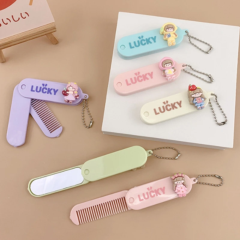 

1Pcs Cartoon Small Size Hair Comb With Folding Mirror Traveling Portable Folding Comb Women Girl Hair Brush Styling Tools