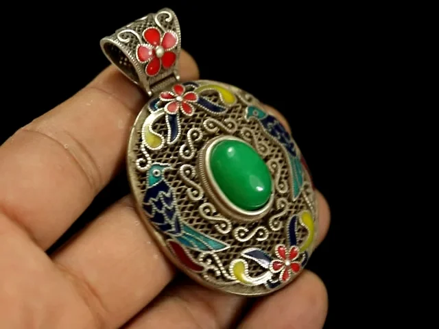 Rare Chinese Jade Inlay Tibet Silver Enamel Craft Flowers Birds Necklace Pendant