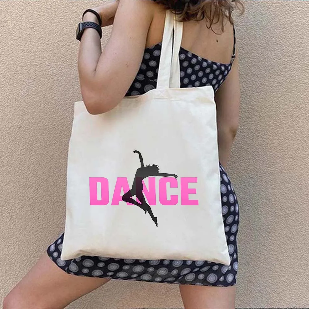 Ballerina Girl Silhouette Hearts Love Dance Ballet Dancer Gymnastics Shopper Harajuku Canvas Totes Bags Cotton Shopping Handbags