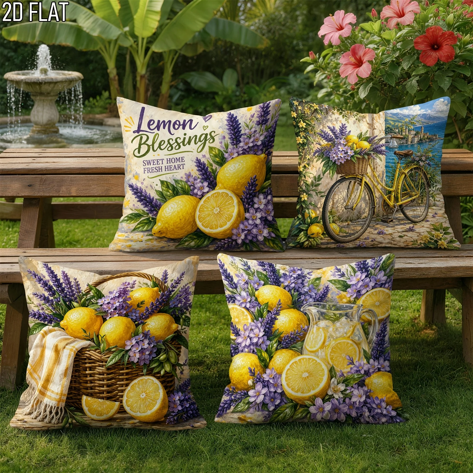 Set of 4 Printed Lemon Lavender Summer Throw Pillow Covers Polyester Decorative Cushions Spring Harvest Seasonal Home Decor Gift