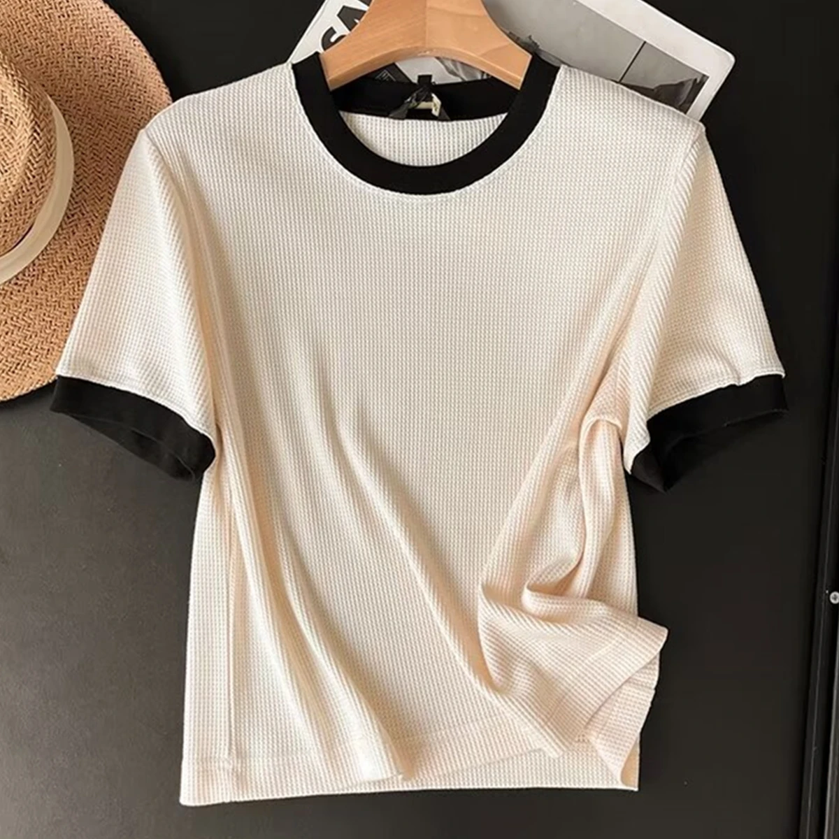 

Jenny&Dave Summer Tshirt Women Waffle Cotton Soft Round Neck Tops T-shirt Minimalist T-shirt For Women