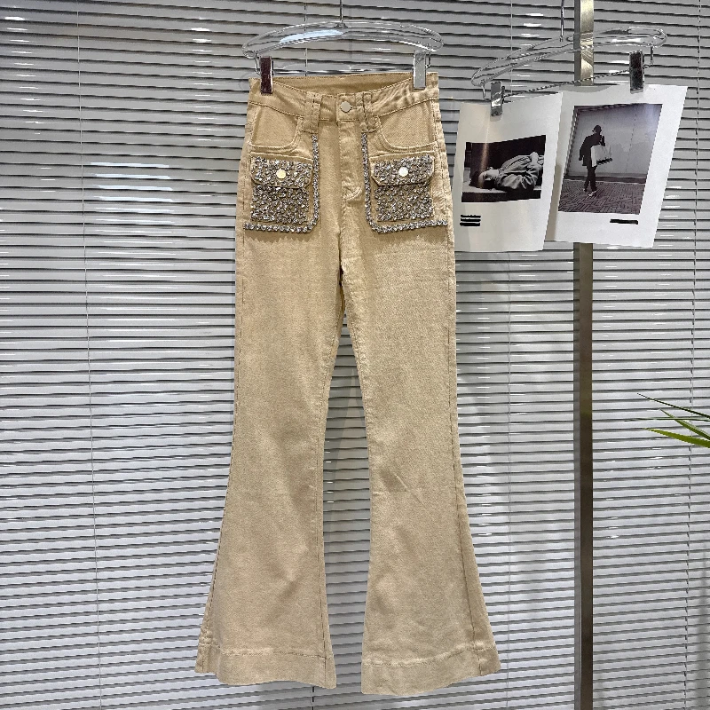 

Khaki Denim Pants,2025 Autumn New Style Personalized Heavy Craft Handmade Rhinestone Beaded Pocket Design Flared Jeans for Women