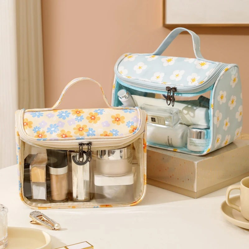 1Pc Flower Printed Makeup Bag Transparent PU Waterproof Portable Travel Cosmetic Pouch Cute Convenient Toiletries Bag for Women image 3