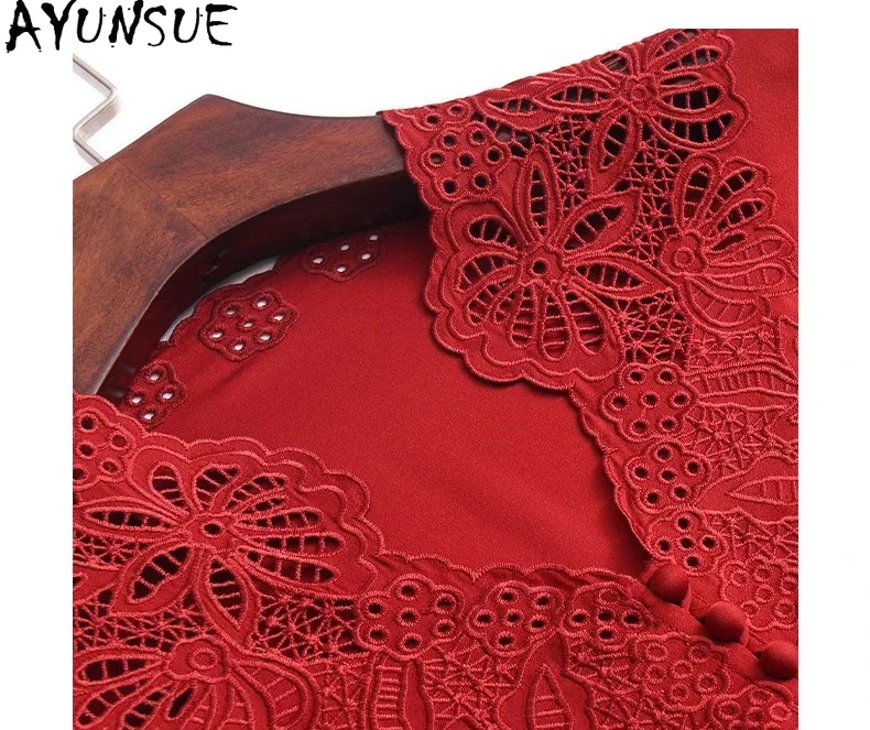 

AYUNSUE 95% Mulberry Silk High-end Blouse Spring Summer Clothes Elegant Womens Blouses Top Red Women New Style Блузка Женская