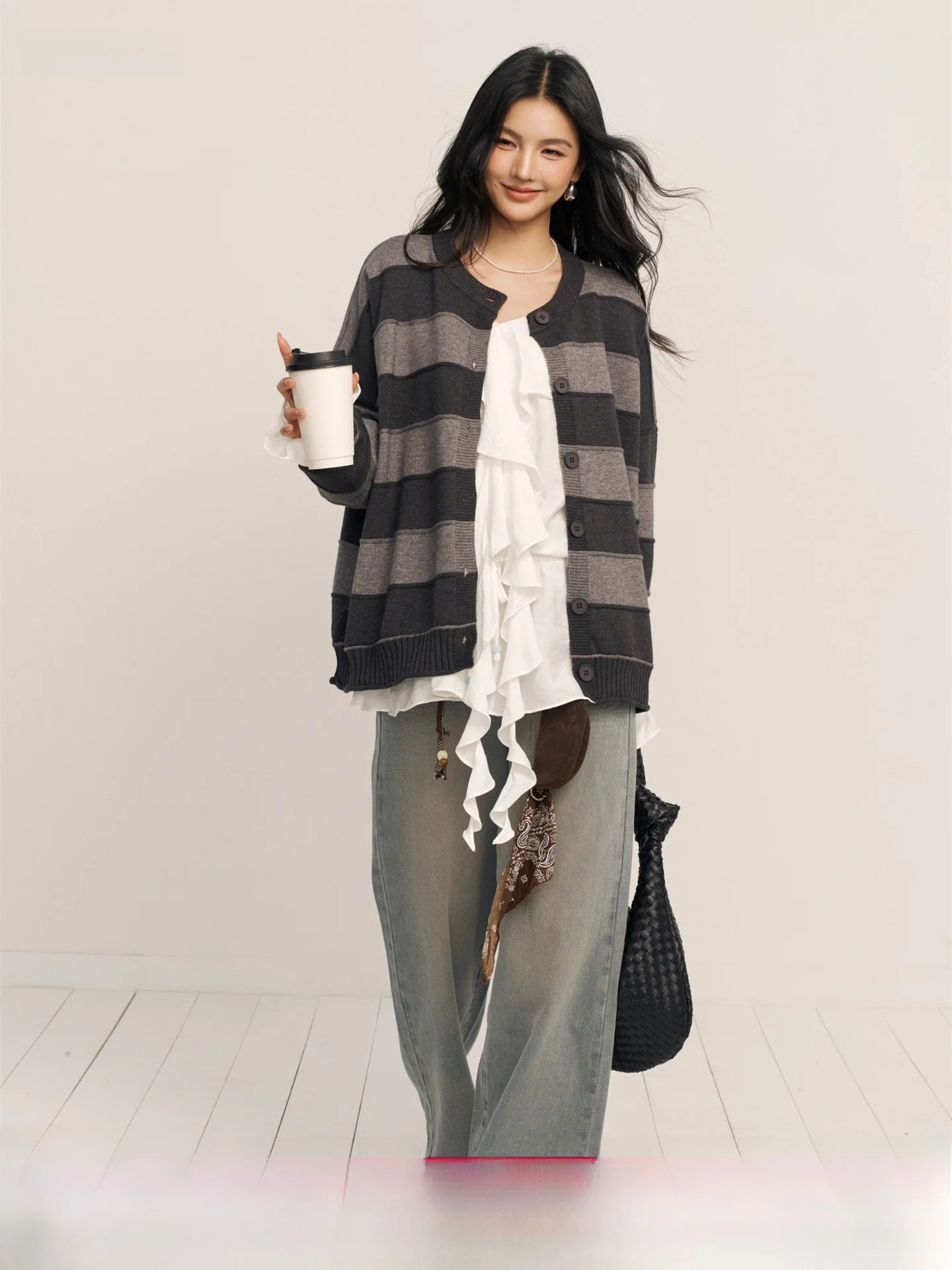 

Chill Zoe ort Striped Open Cardigan Women's Knitted Sweater Color Blo Design Long Sve Regular Length Autumn Faion