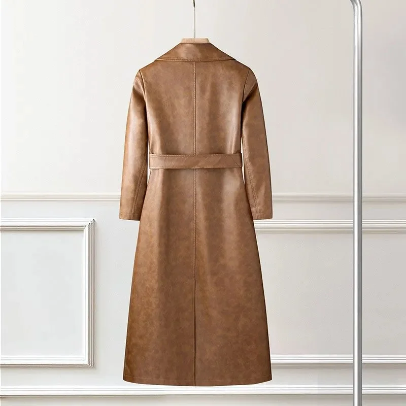 2025 신상 가을 겨울 고품질 X롱 레더 코트 여성 인조 가죽 재킷 더블 브레스티드 새시 캐주얼 레이디 오버코트