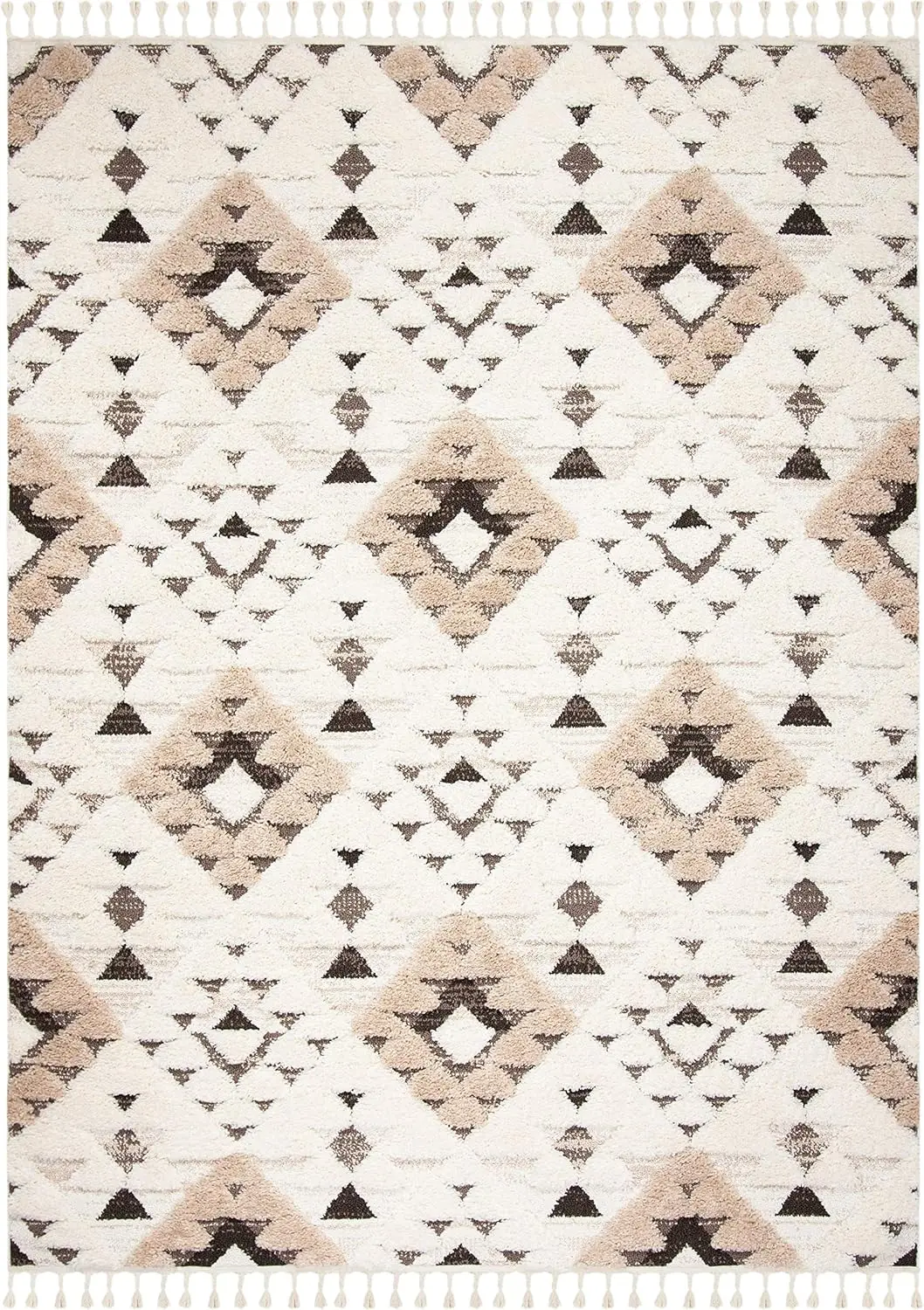 Tassel Shag Collection Area Rug - 8' x 10', Ivory & Brown, Design, Non-Shedding & Easy Care, 2-inch Thick