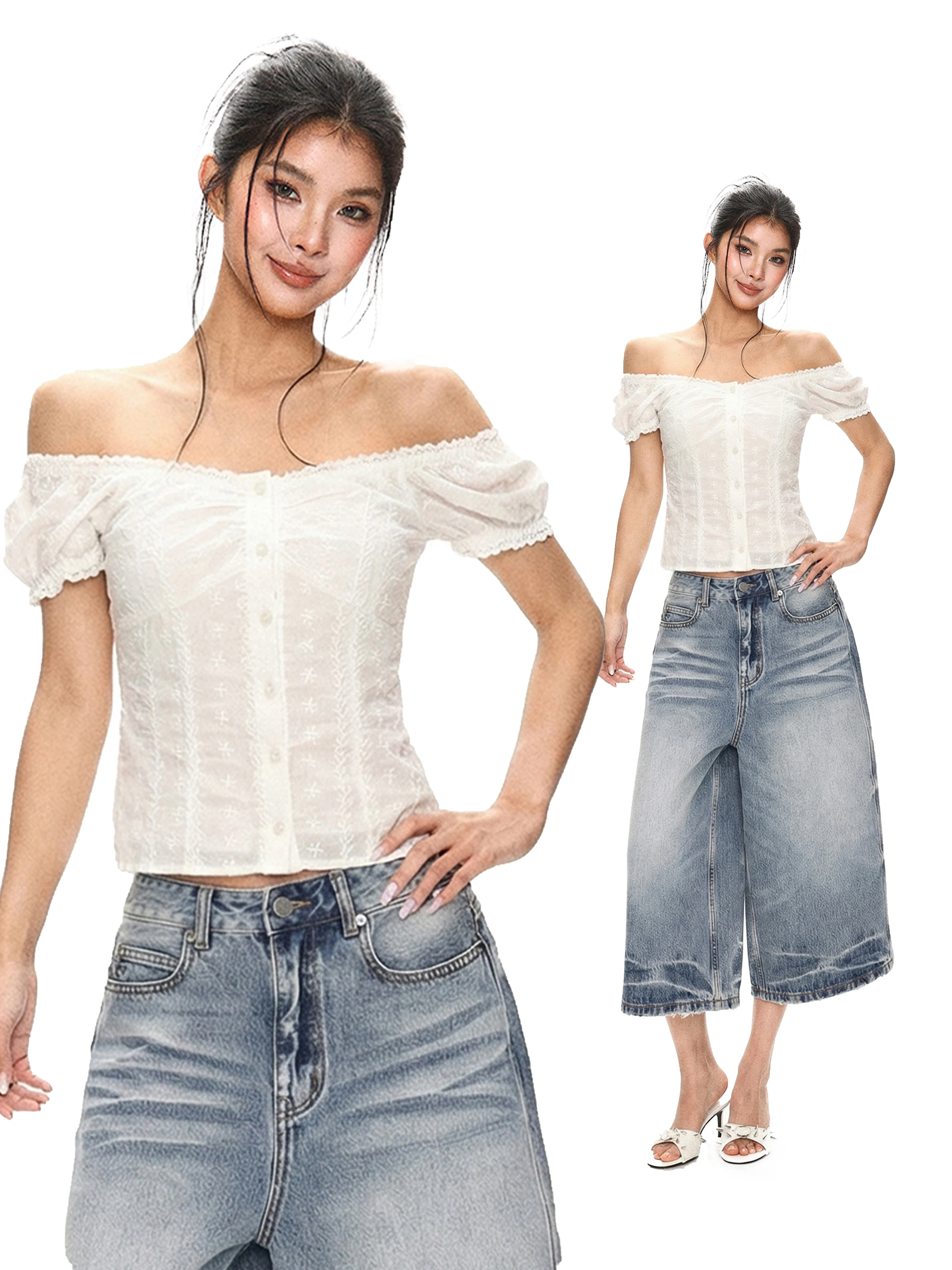 RreReal White Embroidered Short Sleeve T-Shirt Women's Slim Fit Design Summer Top Bubble Sleeve One-Shoulder Commute Style