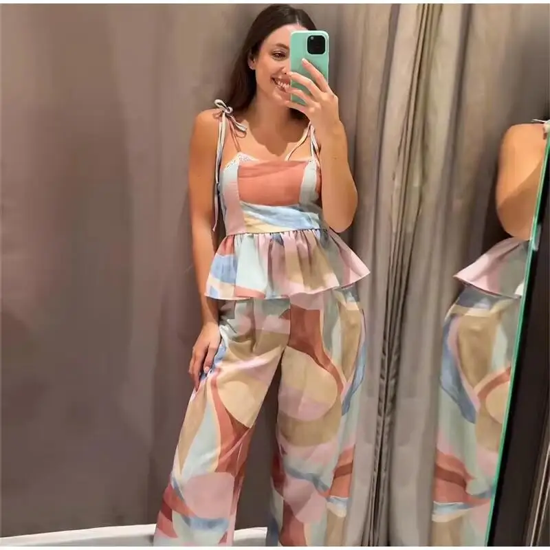 Pastellfarbenes Cami-Top + Weite Hose 2-teiliges Set Damen 2026 Sommer Rüschensaum Tank Top Urlaubsanzug Schickes Lässiges Damen-Outfit-Set