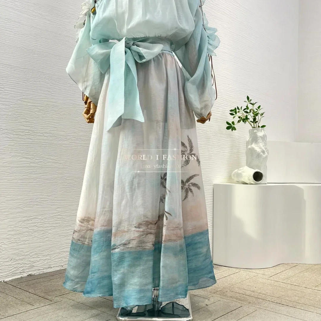 

2025 New Blue and Pink Gradient Long Sleeve Ruffles Frilled Irregular Sleeve Off Thw Shoulder Beading Maxi Evening Dresses