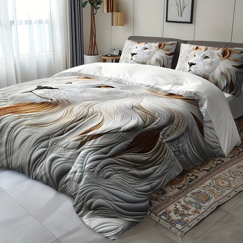 3pcs Grey 3D Lion Animal Duvet Cover Set, 100% Polyester, Breathable All-Season Bedding with 1 Duvet Cover and 2 Pillowcases