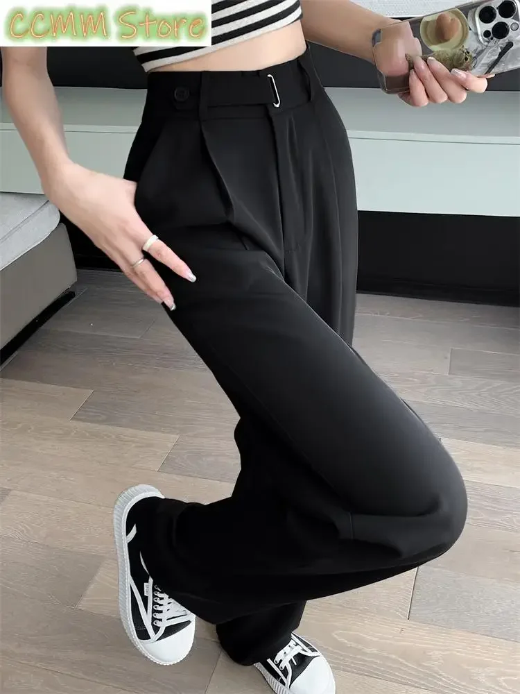 

New Solid Pants for Women Fashion Office Ladies Folds High Waist Pants Vintage Elegant Casual Full Length Pants