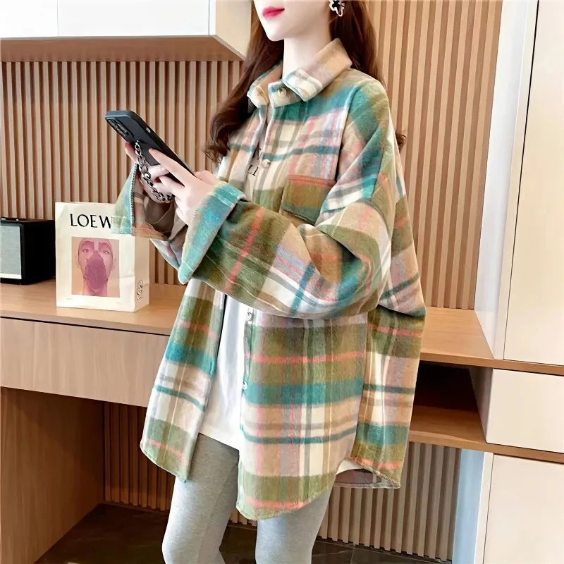 Women Korean Spring Thickening Frosted Plaid Cardigan Blouse Female Hong Kong Style Retro Loose Fit Leisure Long Sleeved Shirts