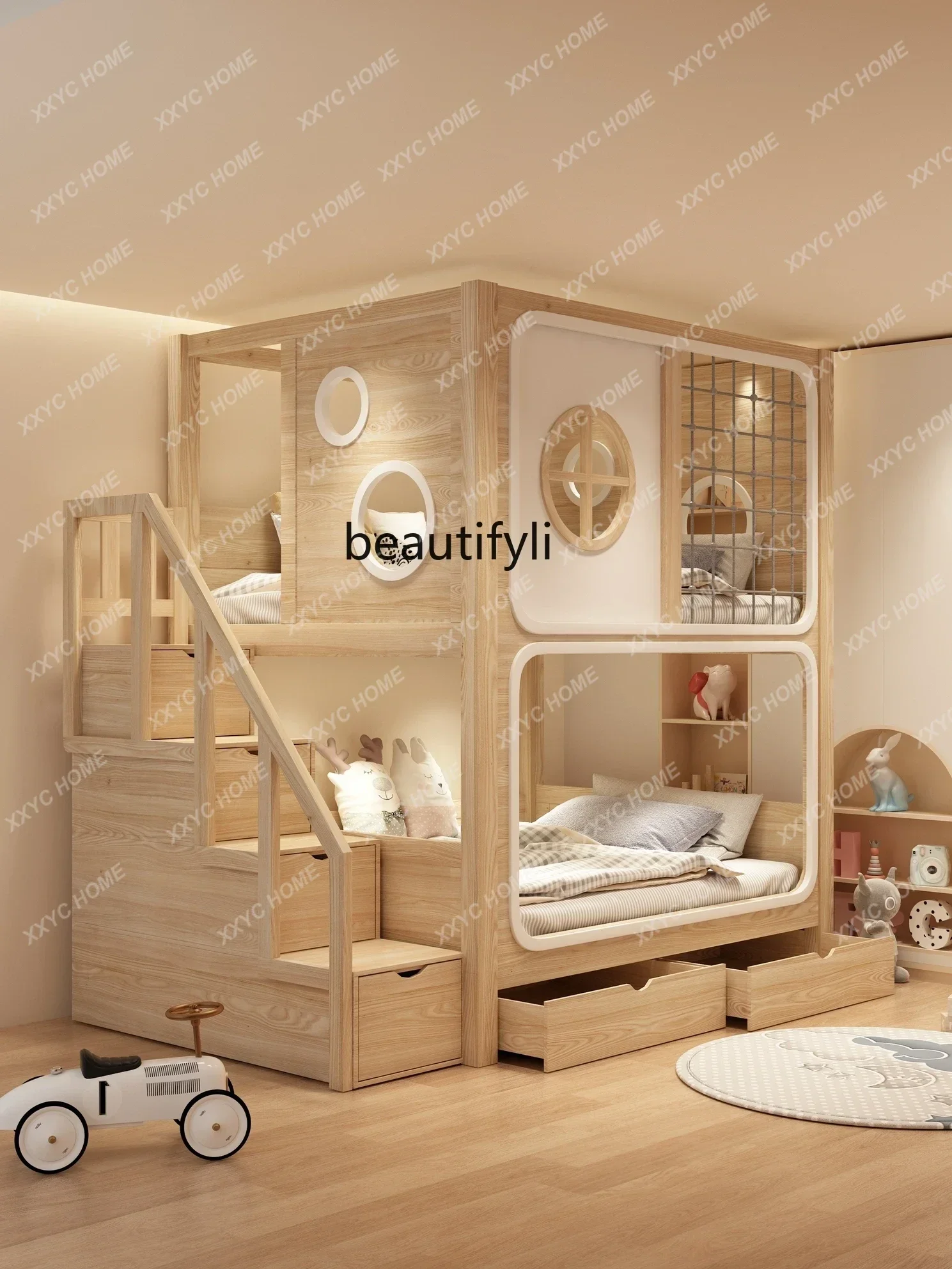 سرير حديث بطابقين من الخشب الصلب بالزيت والشمع العلوي والسفلي بطابقين للفتيات الأميرة سرير قابل لضبط الارتفاع #6