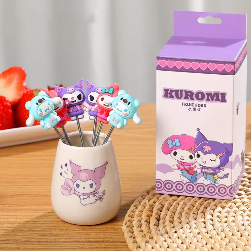 Sanrio Fruit Fork Kuromi Kawaii Anime Cartoon Cute Student Stainless Steel Fork with Storage Jar Fruit Stick Toys Girls Gifts