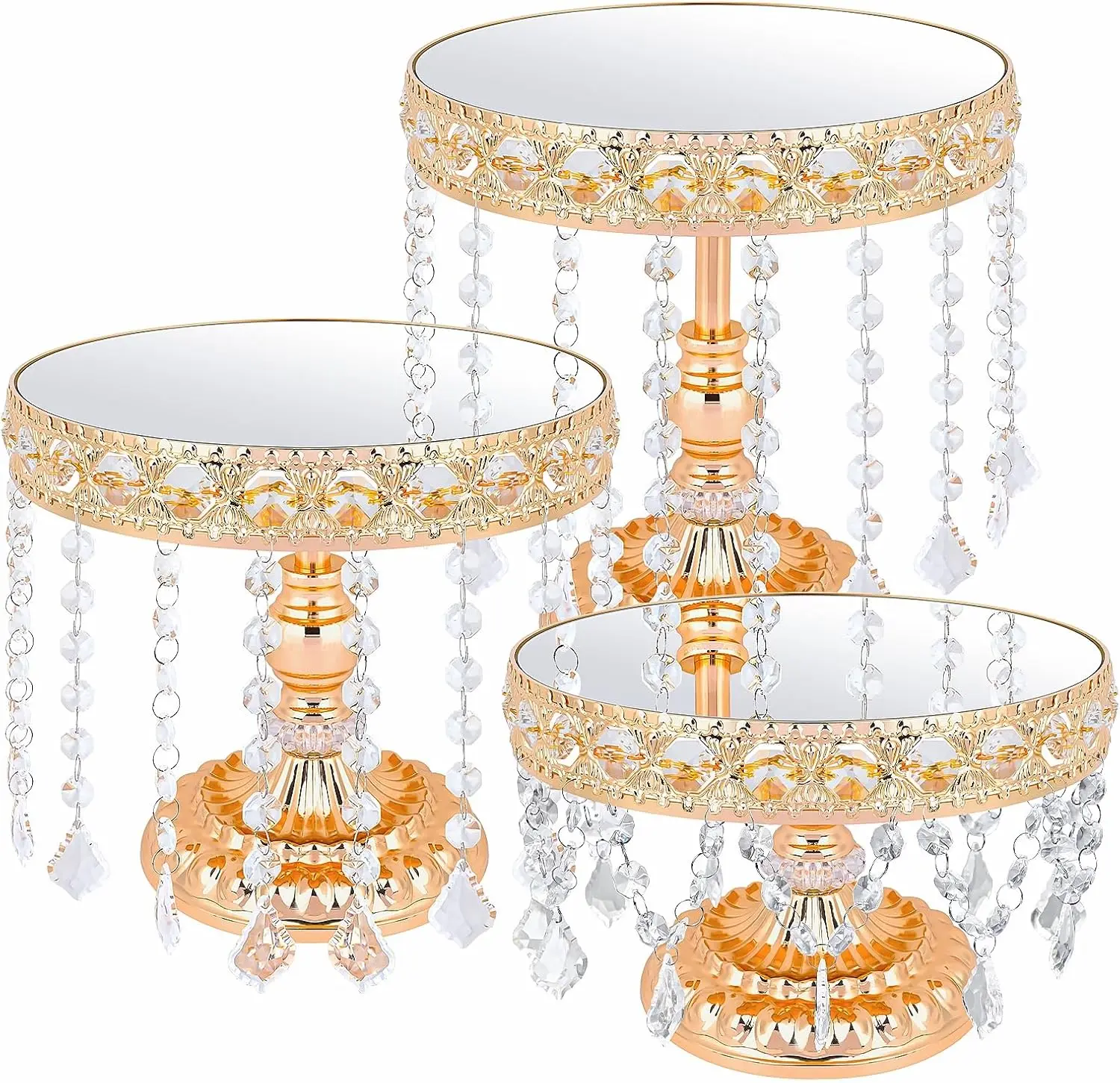 

3-Piece Round Cake Stand Set with Crystal Pendants, European Lace Design for Weddings and Parties