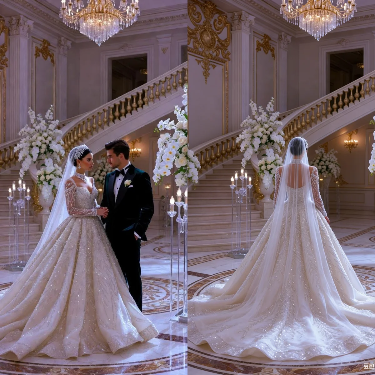 

Custom Luxury Beaded Ball Gown Wedding Dress Elegant High Neck Long Sleeve Bridal Gown with Cathedral Train Vestido De Novia