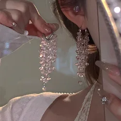 WLP New Korean Fashion Luxury Pink Rhinestone Tassel Drop Earrings for Women Sweet Long Zircon Dangle Wedding Earring Jewelry