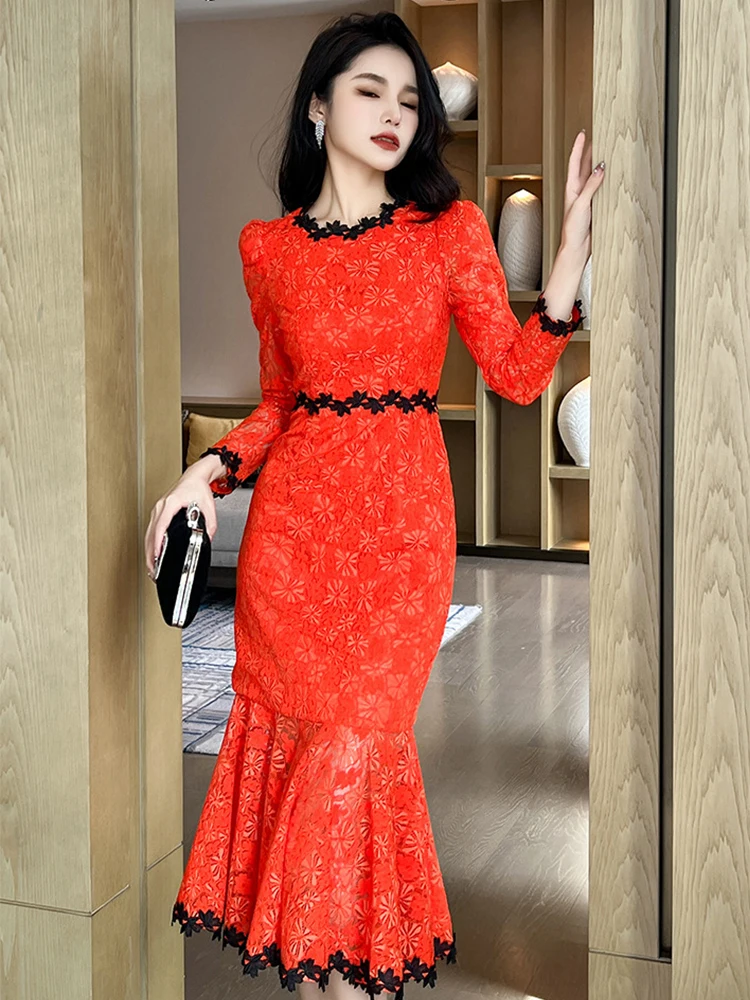 

2023 Spring Elegant Vintage Midi Dresses for Women Black Lace Embroidery Flower Bubble Sleeve Fishtail Robe Party Date Vestidos