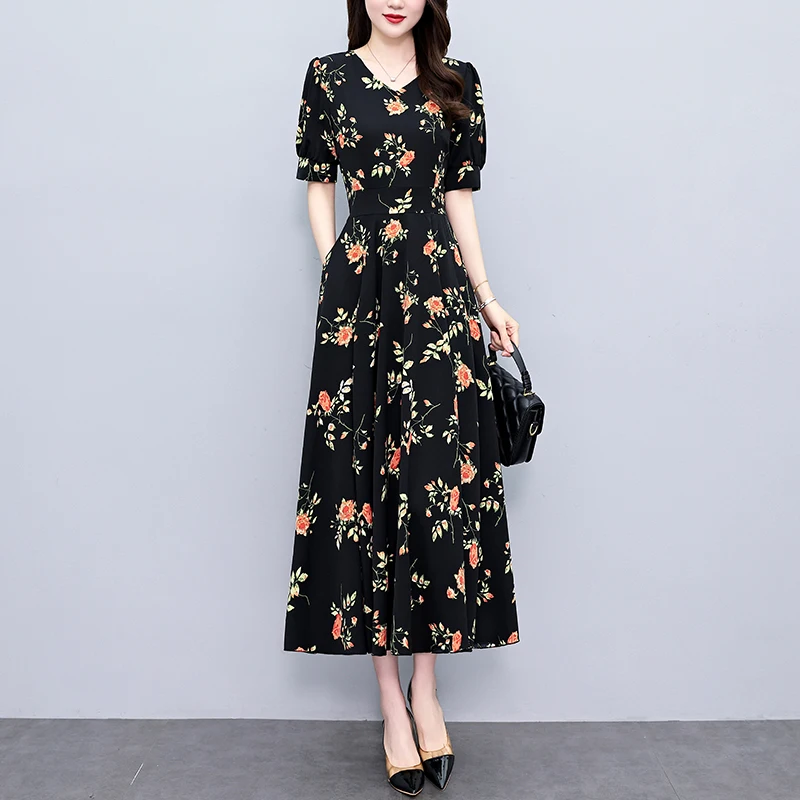 Women Satin Long Dresses Spring Summer Female V Neck Short Sleeve Large Size ​Elegant A Line Flower Printed Vestidos Black Robe