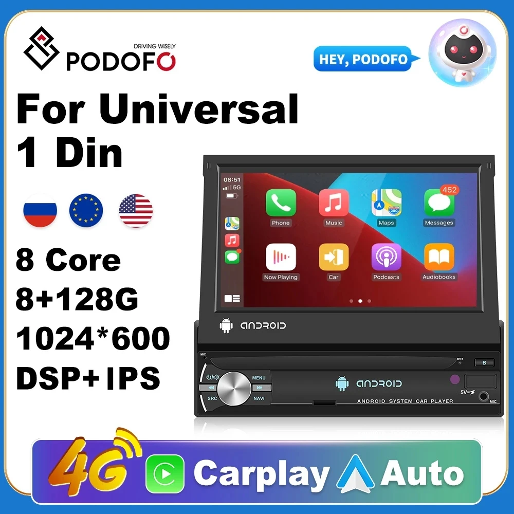 Podofo Android 11 1Din 8 Core Car GPS Navigation Player 7'' Universa Car Radio WiFi Bluetooth MP5 Multimedia Player NO DVD