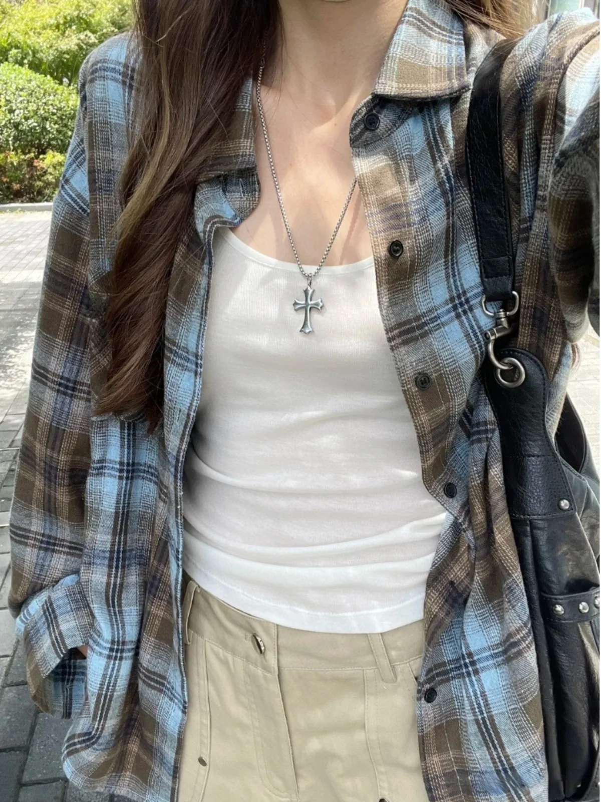 

Women's Plaid Long Sve irt Loose Fit Thin Sle Early Autumn Sun Protection Outerwear Versatile American Retro Top