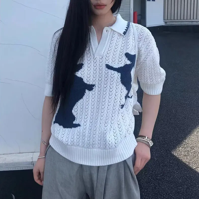 

American Stylish Hollow Out Puppy Polo Shirts Women's Clothing Short Sleeve Summer Vintage Jacquard Weave Loose Knitted T-shirts
