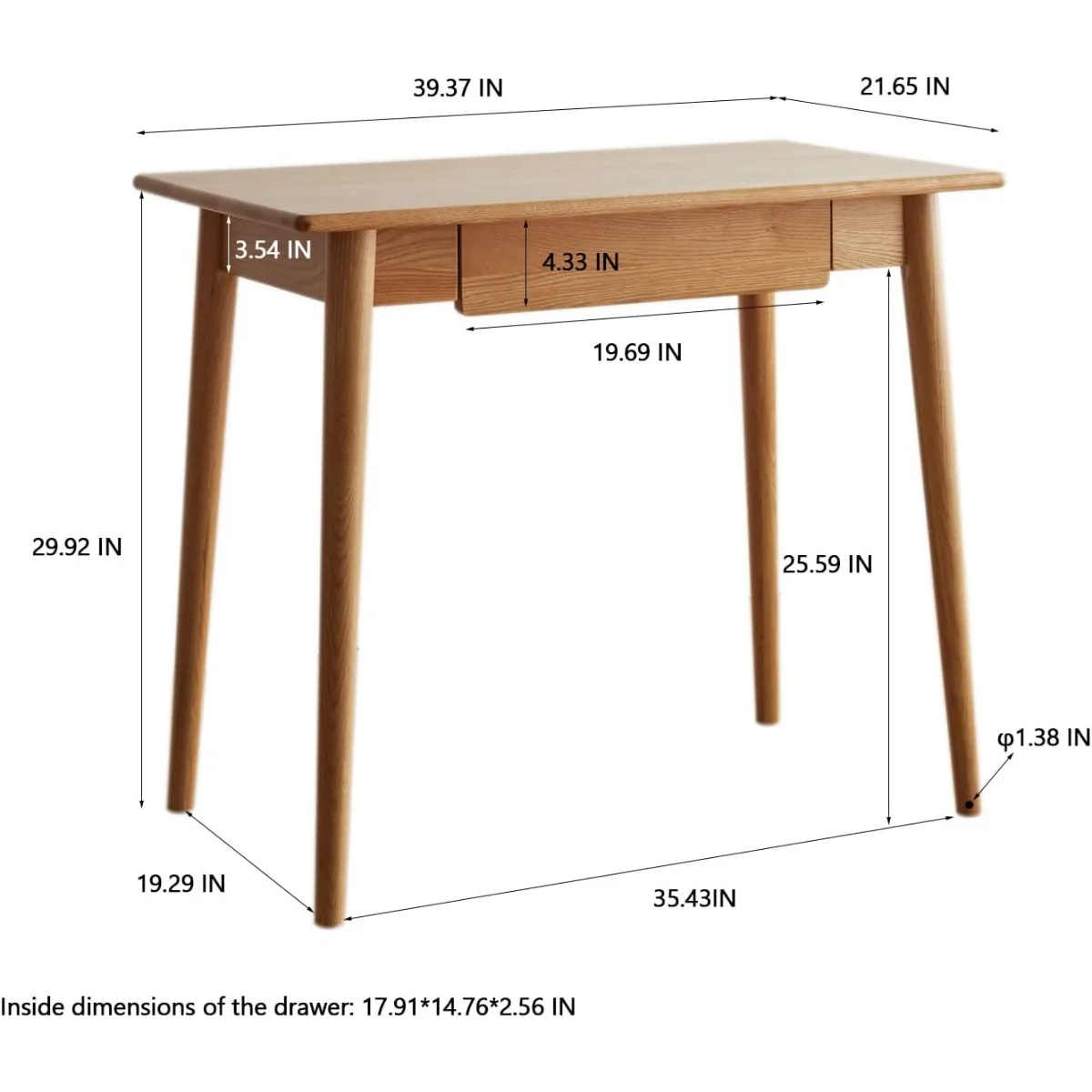 Bureau d'ordinateur en bois de chêne naturel, table d'étude mince, travail PC, 100% bois massif