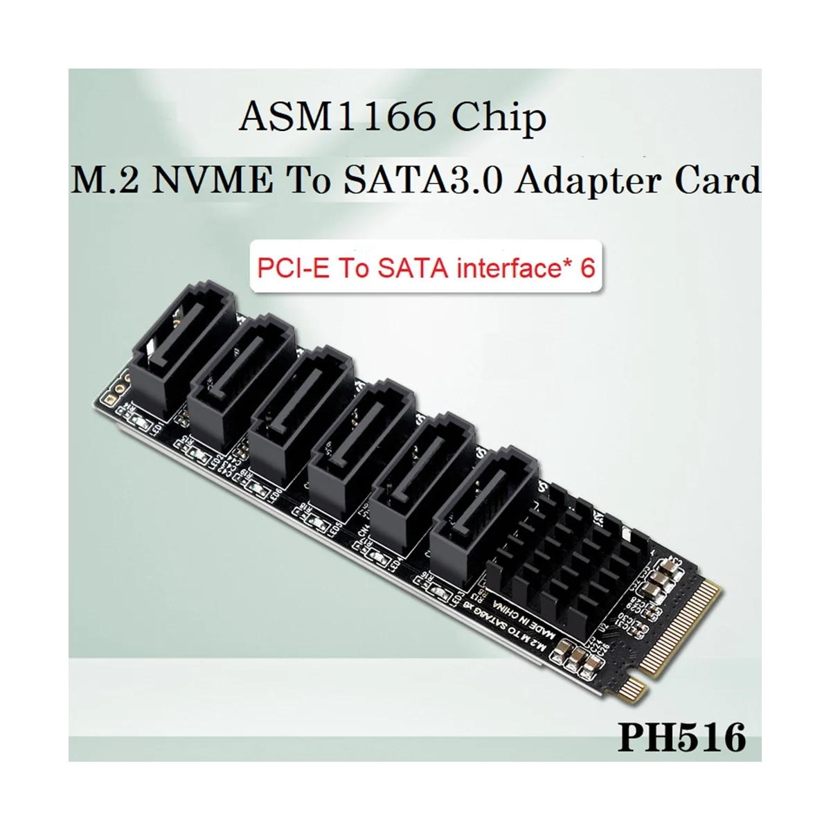 M.2 MKEY PCI-E Riser Card M.2 NVME to SATA3.0 PCIE to SATA 6Gpbsx6-Port Expansion Card ASM1166 Support PM Function