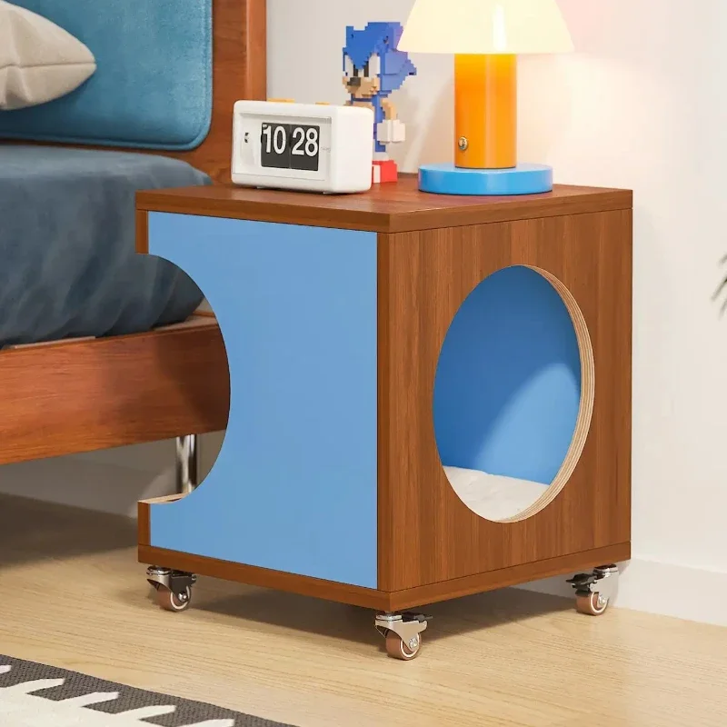 Vintage Style Bedside Cabinet - Compact Nightstand with Built-in Cat House, Adjustable Storage Shelf for Small Spaces