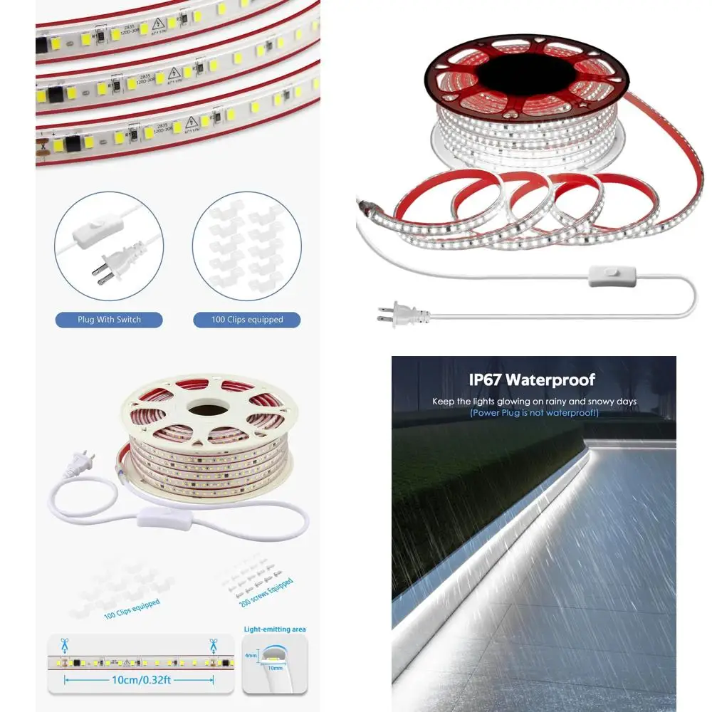 

100FT 120V Waterproof Outdoor LED Strip Light, 6000K Cold White, Self-Adhesive, IP67, 120 LEDs/Meter for Garden & Christmas Deco