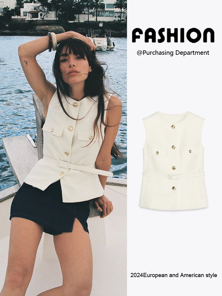 Classic Versatile Belted Texture Sleeveless Vest New Summer Women's Fashion Commute Style Slim Fit Knitted Tank Top
