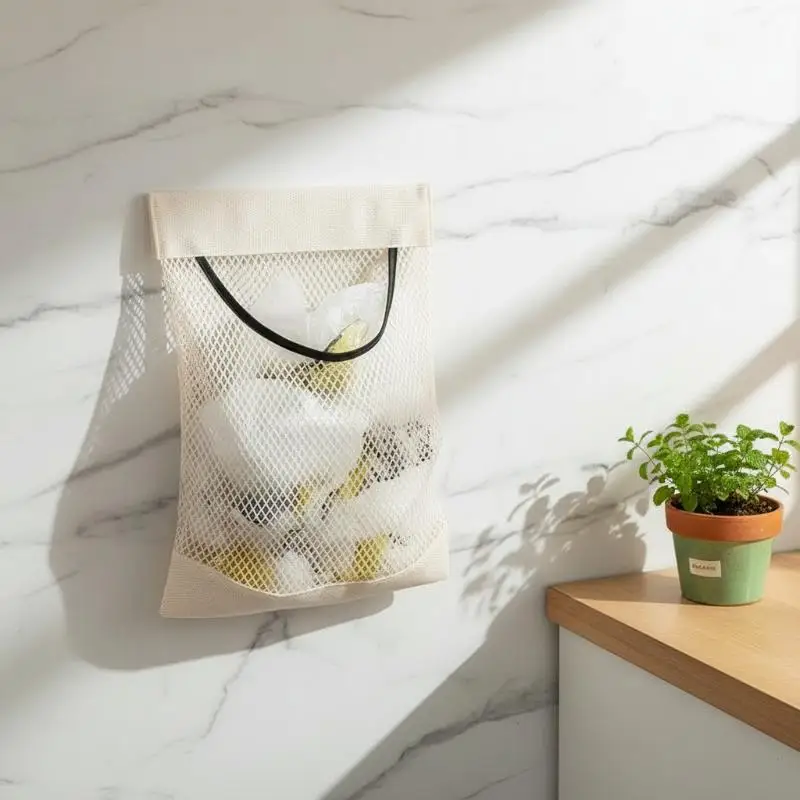 Wall-Mount Mesh Storage Bag Adhesive Sticky Back Plastic Bag Holder Organizer for Kitchen Cabinet