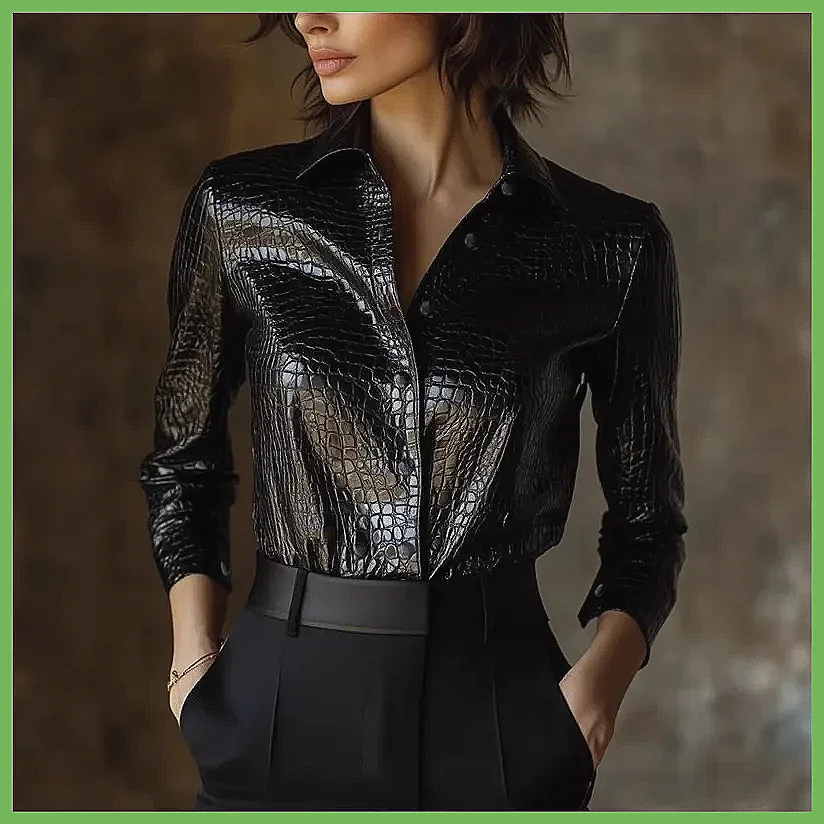 

Elegant Retro Snake Print Leather Shirt for Women, Pure Black Long Sleeve Cardigan Lapel Commuter Shirt