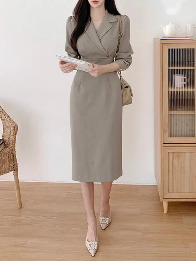 Ele automne longue Sve minceur Midi Dr femmes costume col taille cintrée jupe moulante Dr trajet convivial