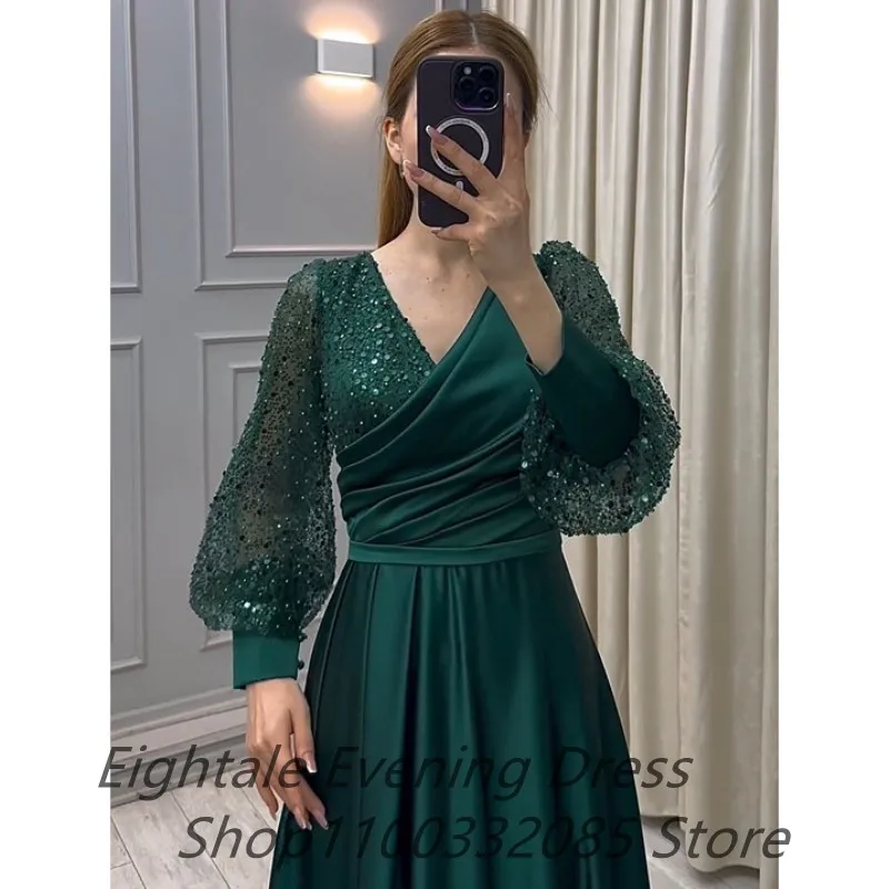 Green Customized Plus Size A Line Evening Dress Sparkly Long Sleeves V Neck Sequins Satin Formal Prom Party Gown vestidos