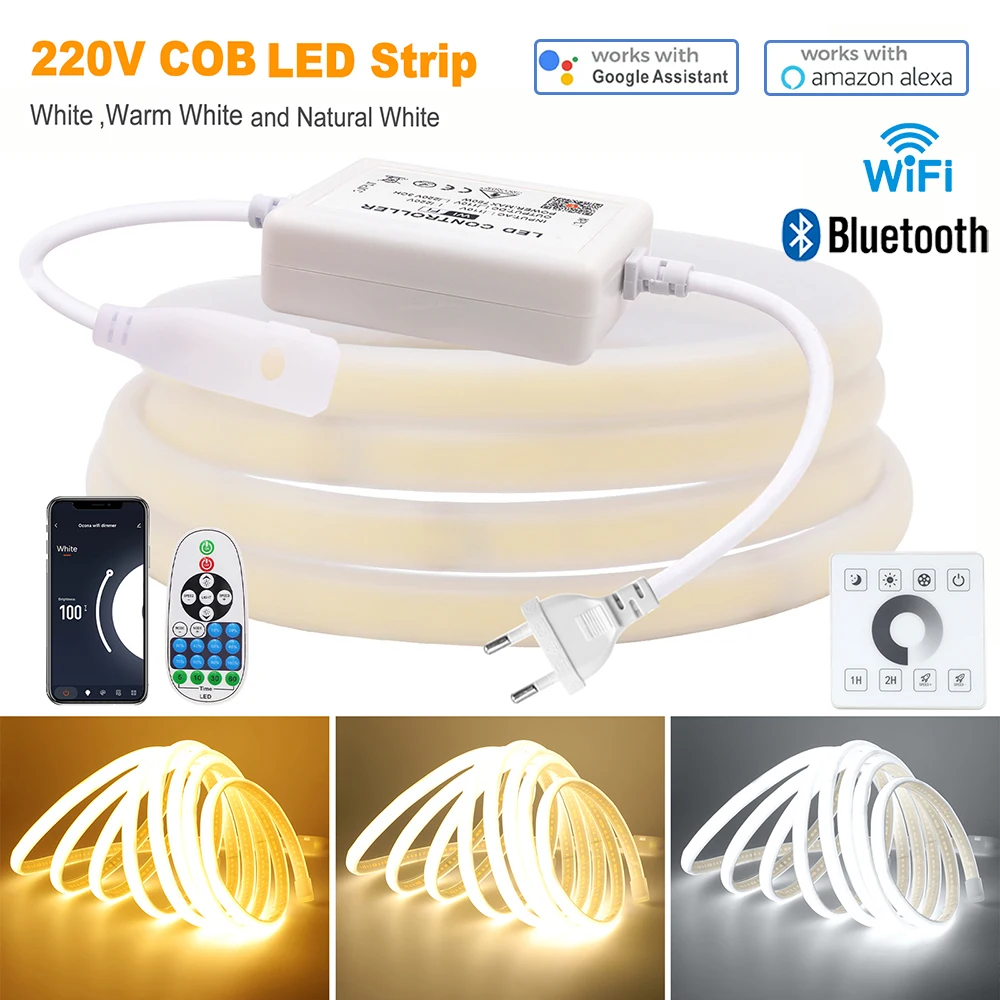 Bande lumineuse LED COB à intensité variable, 220V, application Tuya, WIFI, Bluetooth, télécommande 23 touches, Kit d'alimentation, 240 diodes/m, lampe flexible en Silicone, décoration de la maison