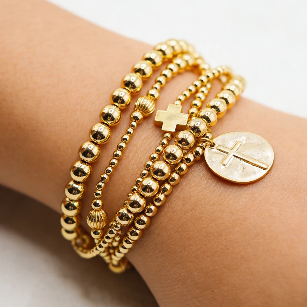 VKVVA Fashion Jewelry Gold-Plated Cross Inspired Beaded 4pcs Bracelet Set for Women Birthday Gifts, Unique Gift