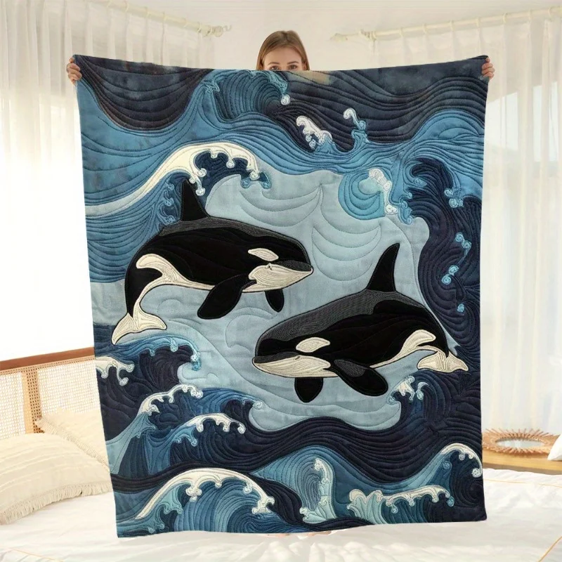 Flannel Blank , Warm, and Machine Washable - Perfect for Sofa, Bed, or Gift - Blue Ocean Theme with Black Orcas and White Waves